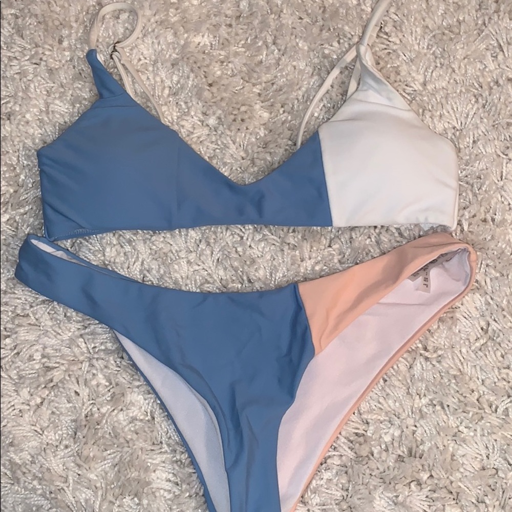Pink white blue color block bikini